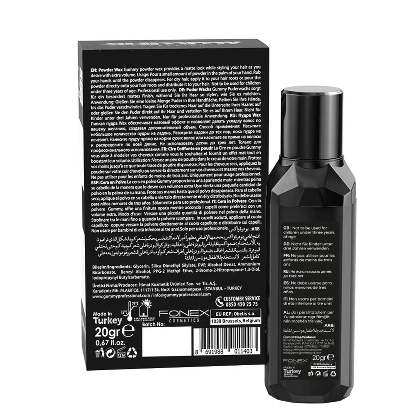 GUMMY POWDER WAX 20 GR packaging and bottle, providing dry, voluminous, and matte styling for men's hair.
