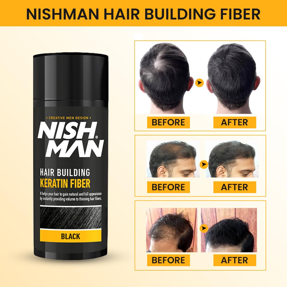Nish Man Black Keratin Hair Building Fibers for Thicker, Fuller Hair