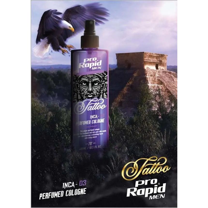 Pro Rapid Tattoo Series Inca – 03 After Shave Perfumed Cologne – 400 mDie 02 After Shave Perfumed Cologne aus der Pro Rapid Tattoo Series Inca bietet eine ideale Kombination aus klassischem Rasierwasser und pflegender Frische. Der maskHair careProrapidOnKozmetikPro Rapid Tattoo Series Inca