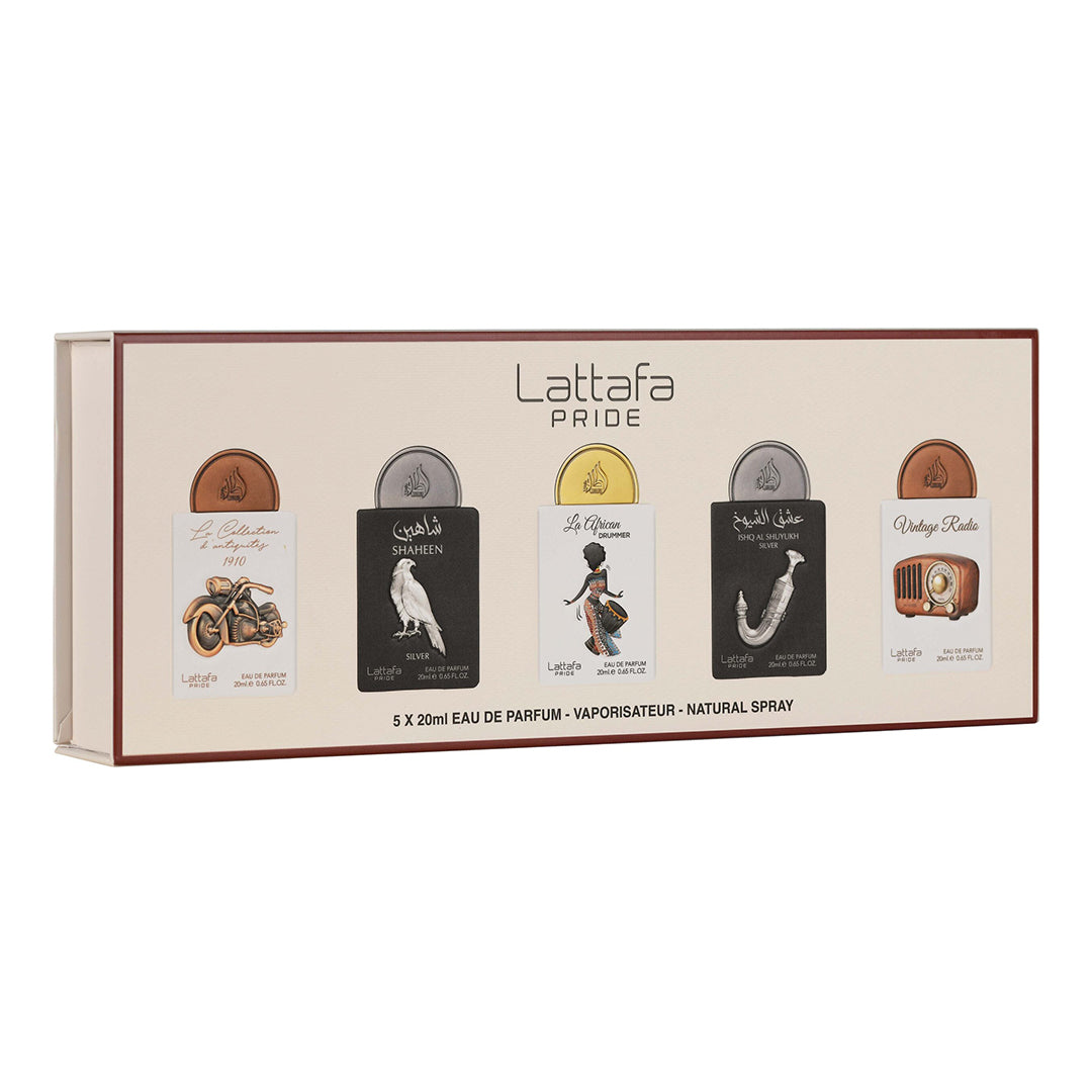 Lattafa Pride Giftset No.5 - La Collection D’Antiquités 1910, Shaheen Silver, La African Drummer, Ishq Al Shuyukh Silver, Vintage Radio 5x20ml EDP