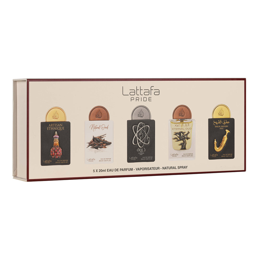 Lattafa Pride Giftset No.2 - Artisan Ethnique, Natural Oud, Tharwah Silver, Eternal Oud, Ishq Al Shuyukh Gold 5x20ml EDP