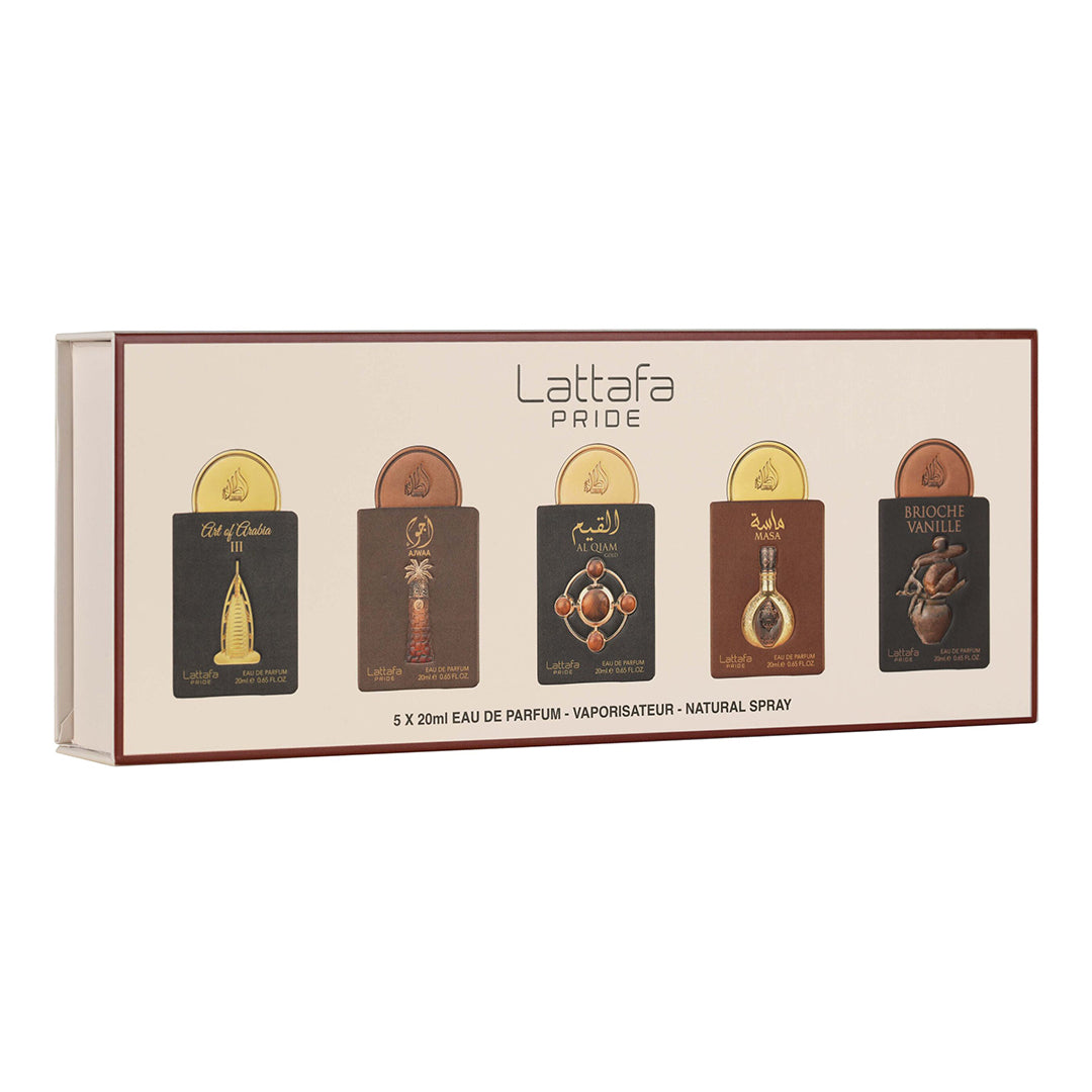 Lattafa Pride Giftset No.4 - Art of Arabia III, Ajwaa, Al Qiam Gold, Masa, Brioche Vanille 5x20ml EDP