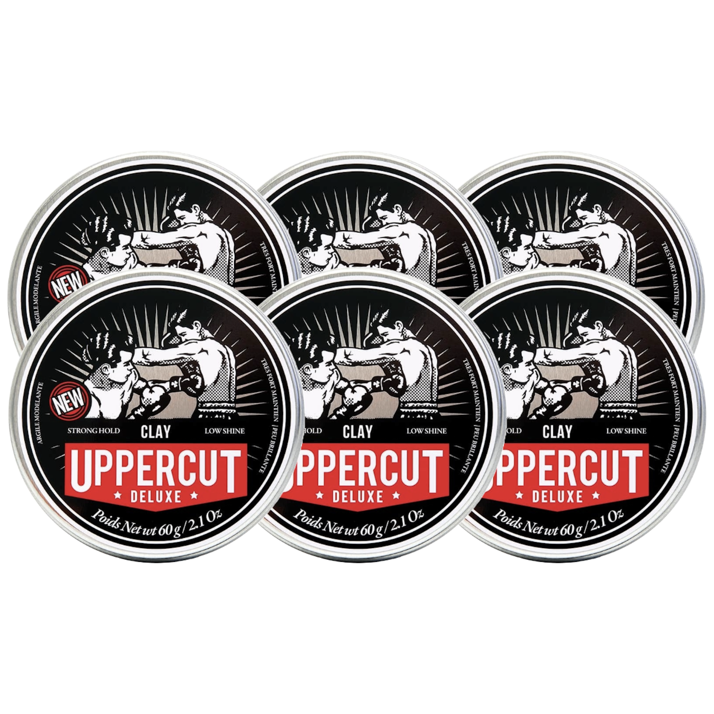 UPPERCUT DELUXE Strong Hold Clay Pomade, 6-Pack, 60g Tins, Low Shine Finish
