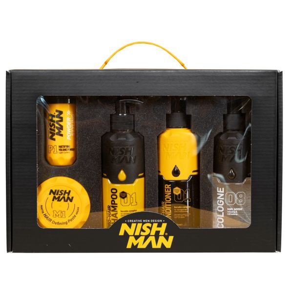 Nishman Yellow Ultimate Men's Grooming Gift Set: Cologne, Shampoo, Conditioner & Styling