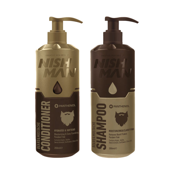 NISHMAN Ultimate Beard & Mustache Care Duo: Hydrating Shampoo & Softening Conditioner