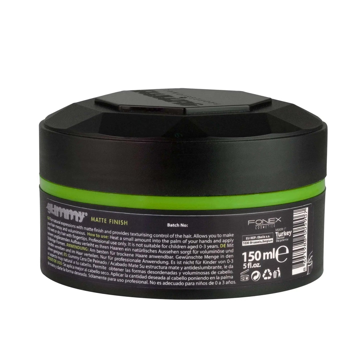 GUMMY STYLING WAX 150 ml with matte finish, black and green container.