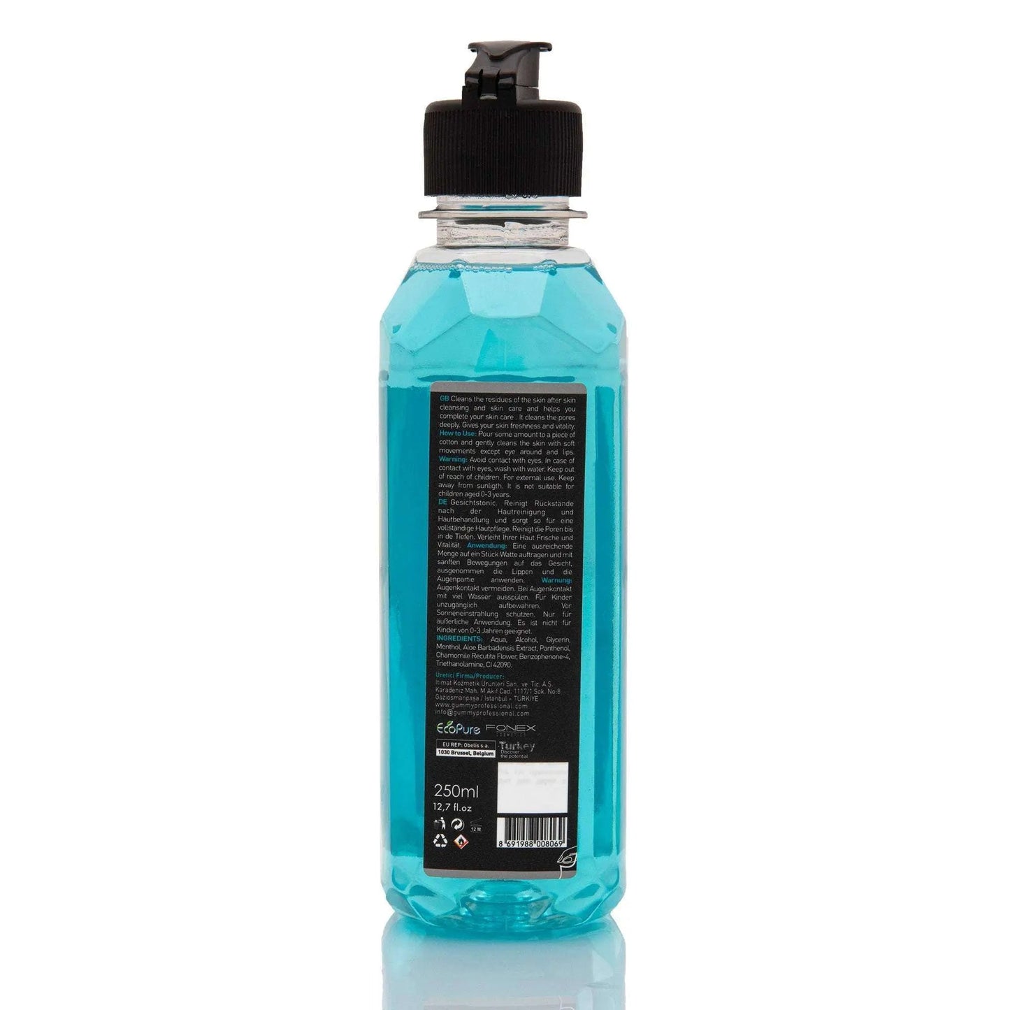 GUMMY GESICHTSREINIGUNG TONIC 250 ML bottle with dispenser, suitable for deep cleansing and revitalizing skin.
