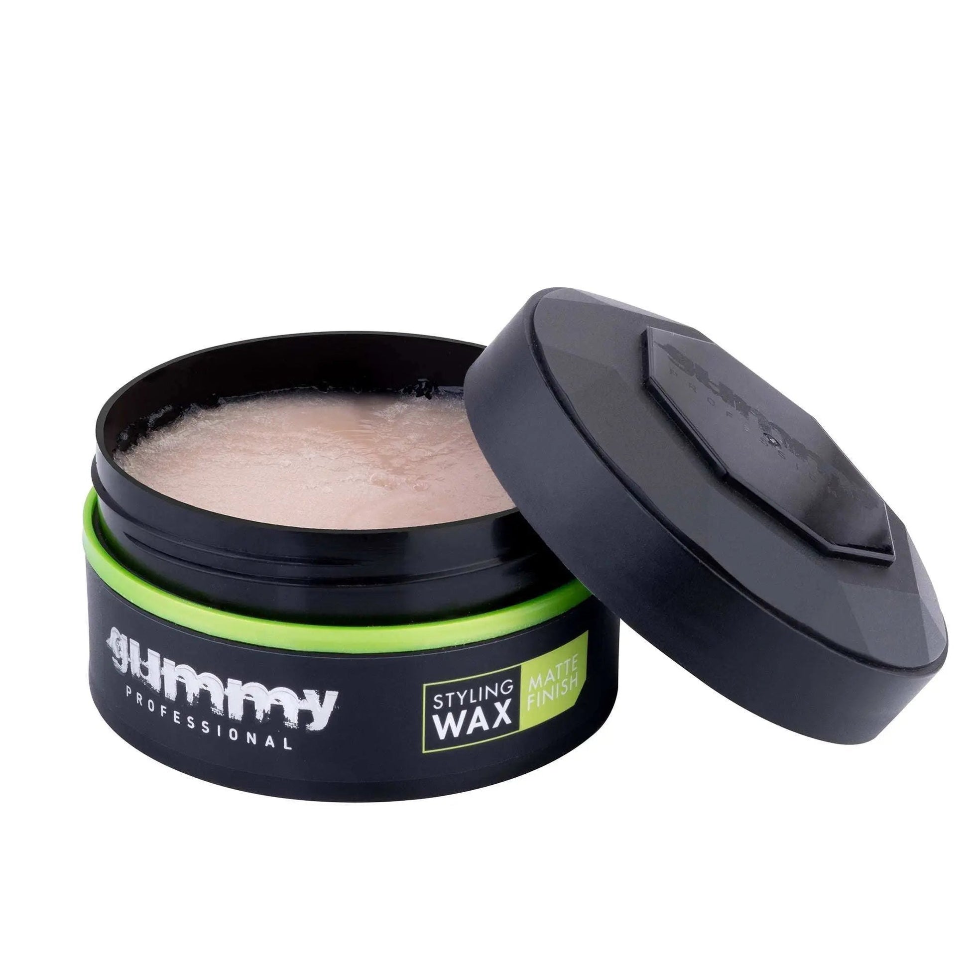 GUMMY STYLING WAX 150 ML with matte finish in open black container.