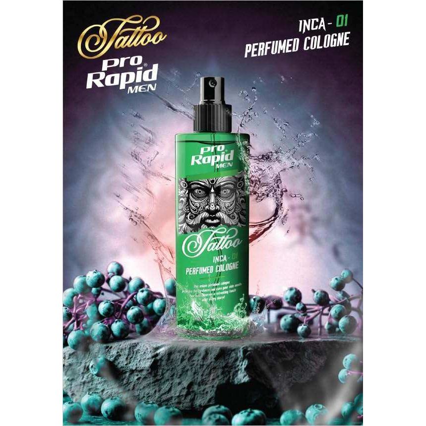 Pro Rapid Tattoo Series Inca – 01 After Shave Perfumed Cologne – 400 mDie 01 After Shave Perfumed Cologne aus der Pro Rapid Tattoo Series Inca bietet eine ideale Kombination aus klassischem Rasierwasser und pflegender Frische. Der maskHair careProrapidOnKozmetikPro Rapid Tattoo Series Inca