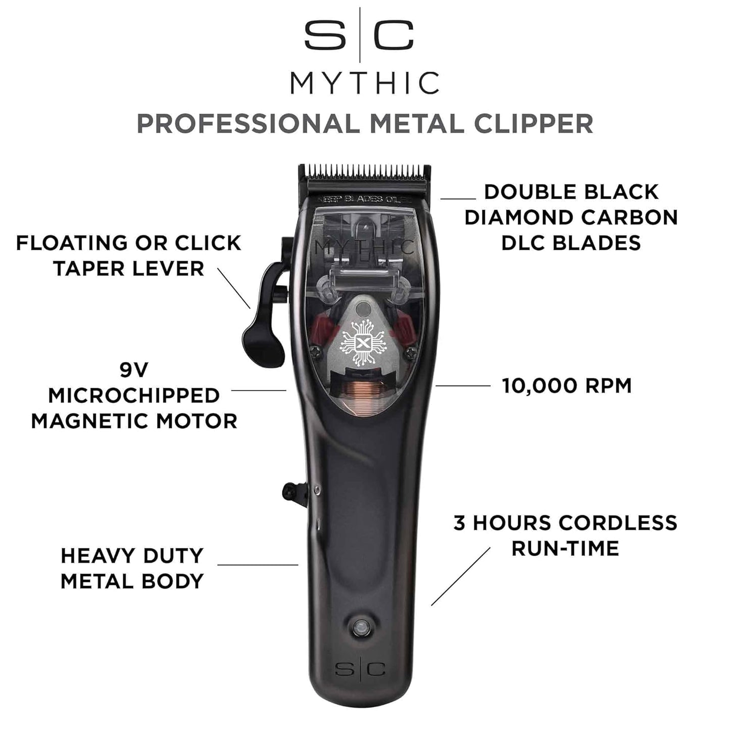 StyleCraft Mythic Professional Cordless Hair Clipper, Powerful 9V Magnetic Motor, DLC Blades