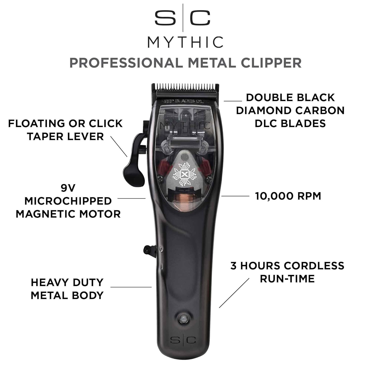 StyleCraft Mythic Professional Cordless Hair Clipper, Powerful 9V Magnetic Motor, DLC Blades