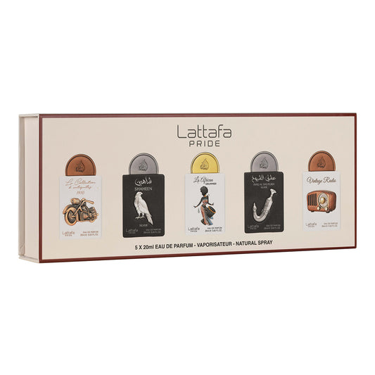 Lattafa Pride Giftset No.5 - La Collection D’Antiquités 1910, Shaheen Silver, La African Drummer, Ishq Al Shuyukh Silver, Vintage Radio 5x20ml EDP