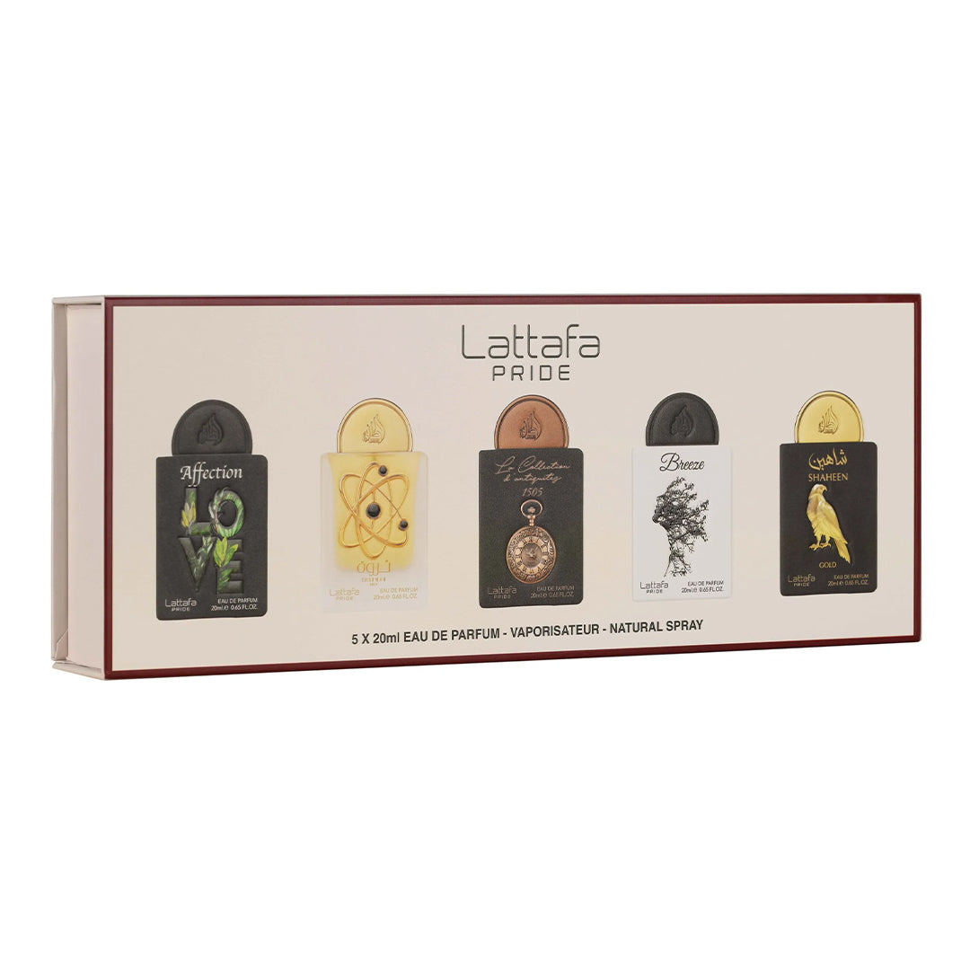 Lattafa Pride Giftset No.1 - Affection, Tharwah Gold, La Collection D’Antiquités 1505, Breeze, Shaheen Gold 5x20ml EDP