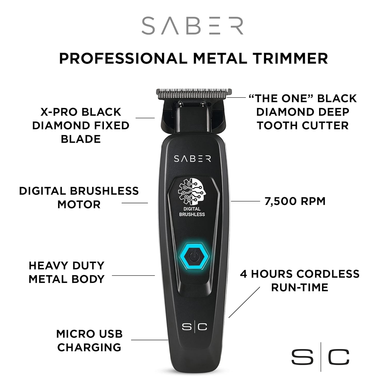 StyleCraft Saber Professional Cordless Trimmer: Digital Brushless Motor, Full Metal Body