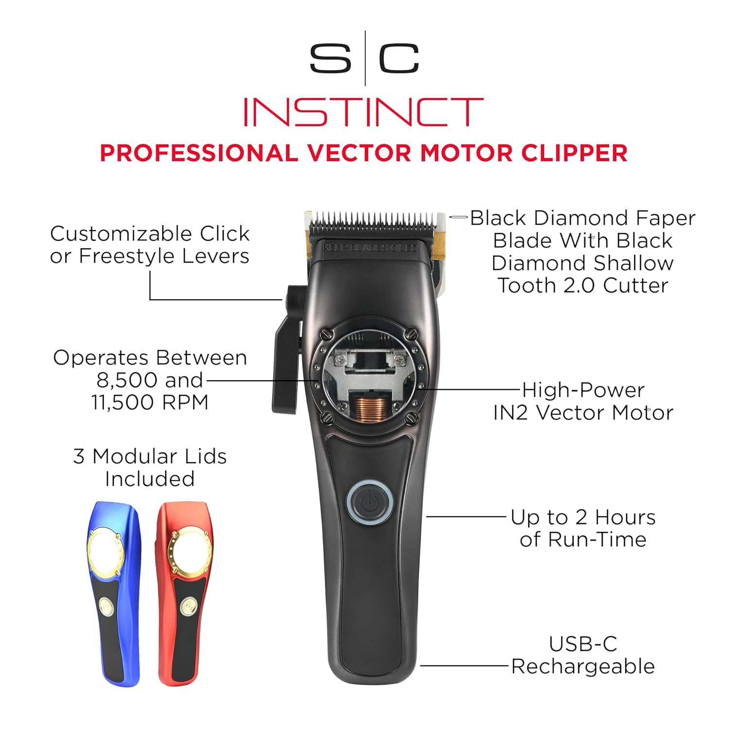 Stylecraft Instinct Professional Cordless Hair Clipper: Vector Motor, Torque Control, Modular Lids