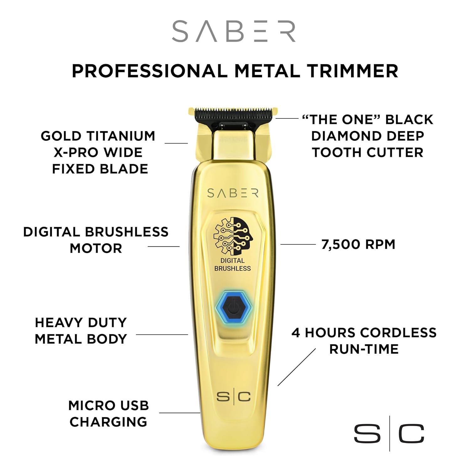 StyleCraft Saber Precision Professional Digital Brushless Cordless Hair Trimmer - Full Metal