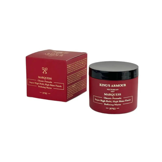 King’s Armour MARQUESS Classic Pomade jar and packaging, super high hold, high shine, 110ml.