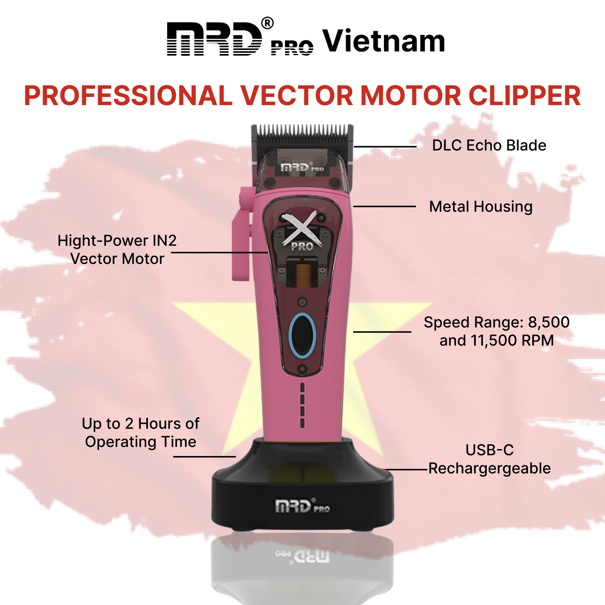 MRD Pro HC-999 XPRO-PINK Professionell Hårtrimmer med Vector-Motor och DLC-Blad