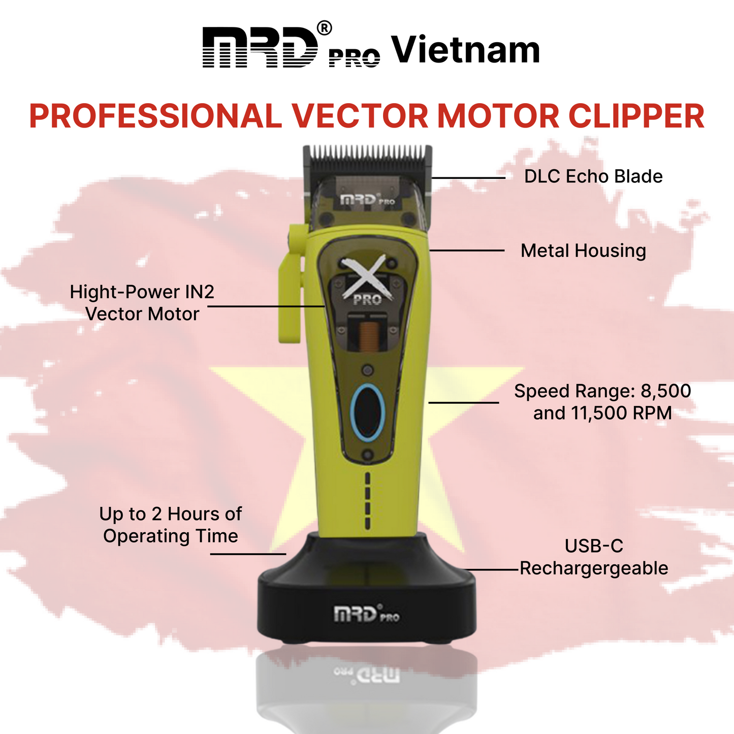 MRD Pro HC-999 XPRO-GREEN Professionell Hårtrimmer Med Vector-Motor
