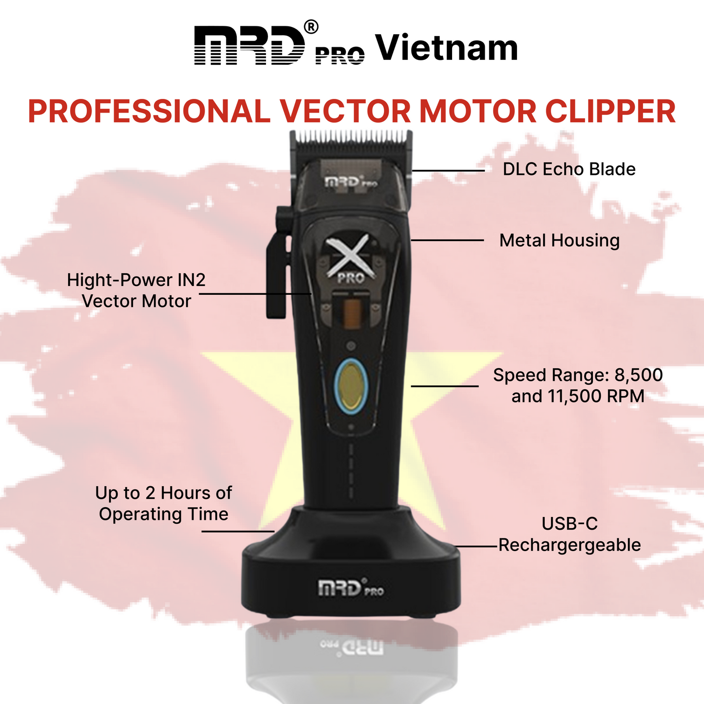 MRD Pro HC-999 XPRO-BLACK Professionell Hårtrimmer, Justerbart Blad