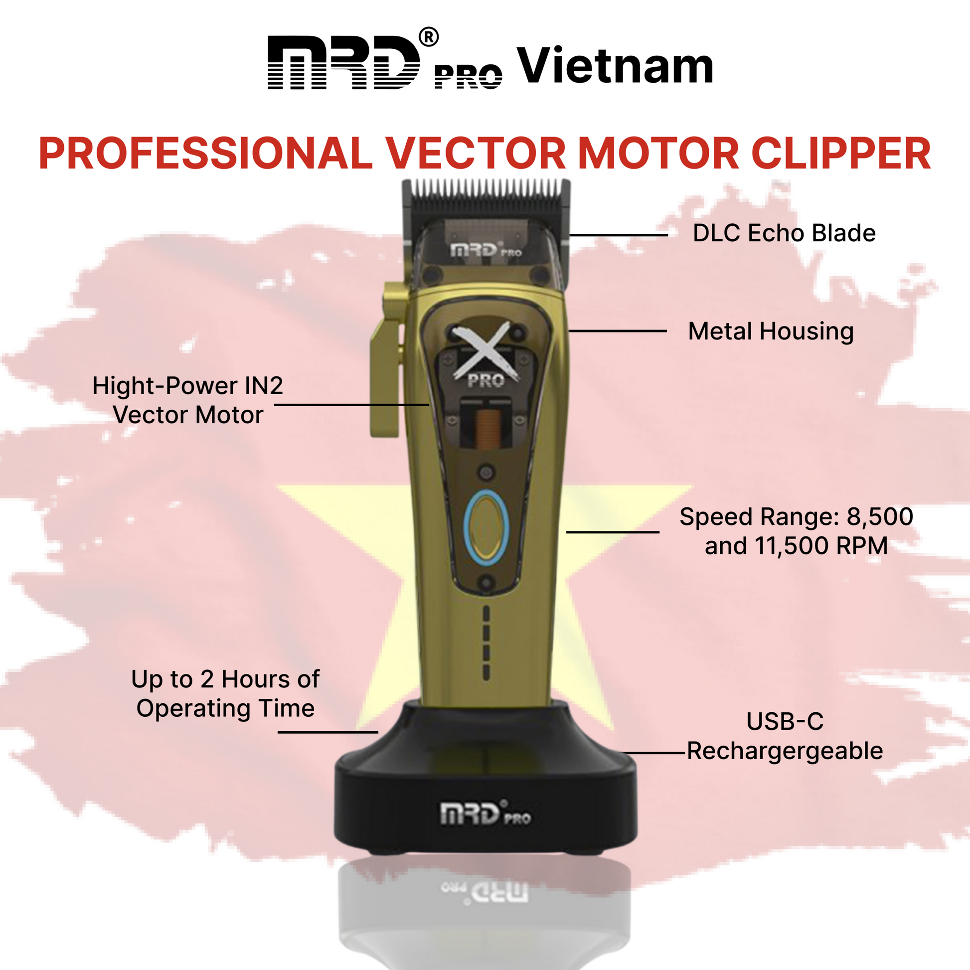 MRD Pro HC-999 XPRO-GOLD Professionell Hårklippare med DLC-skär