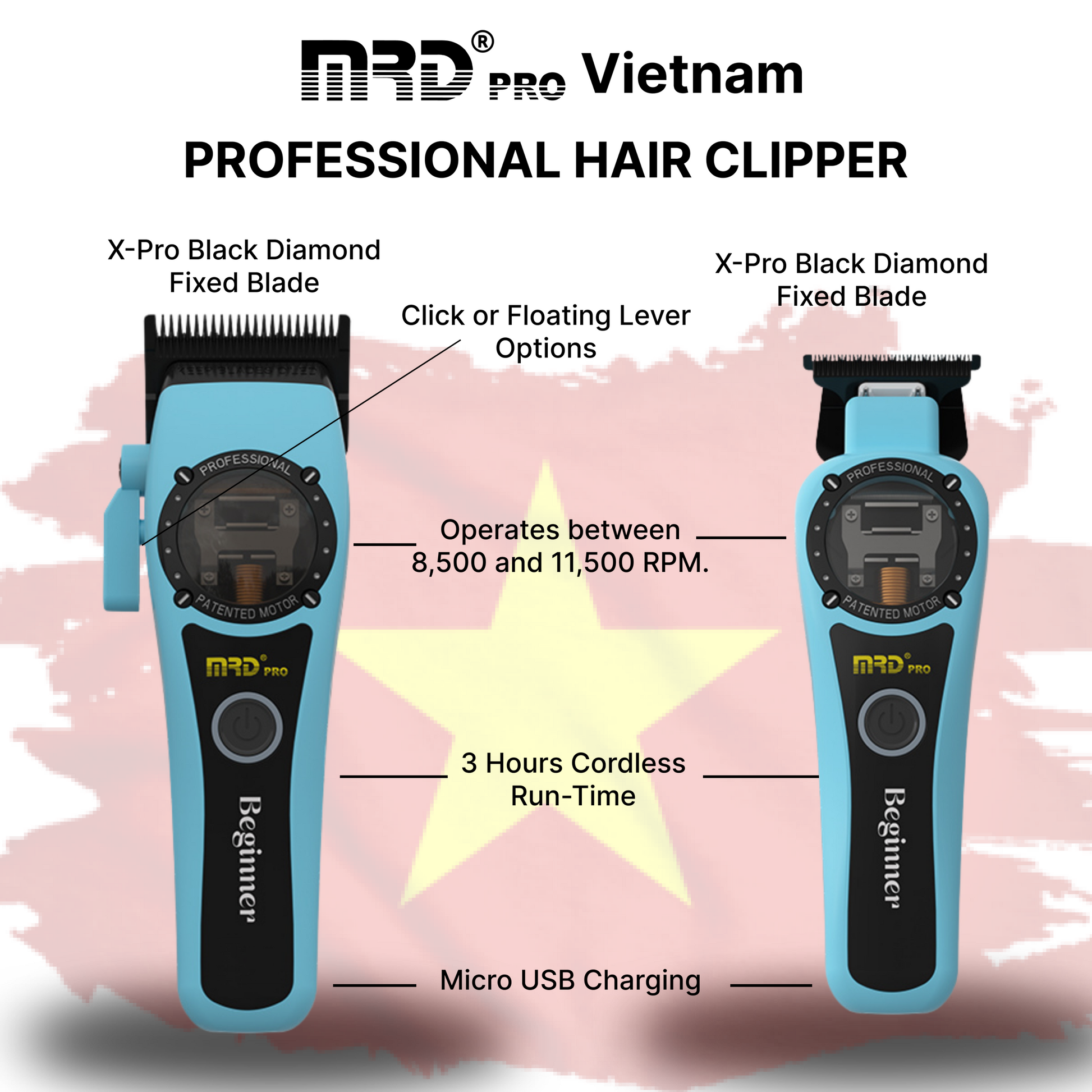 MRD Pro HC-999 Professionell Hårtrimmer, Höghastighetsmotor, 440C Stål, Aqua Blue