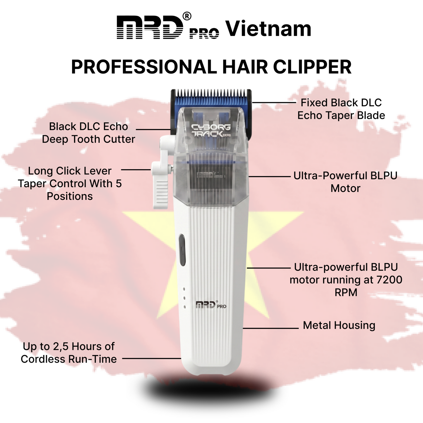 MRDpro Cyborg 2026 Hårtrimmer – Professionell Trådlös Full Metall, Vit