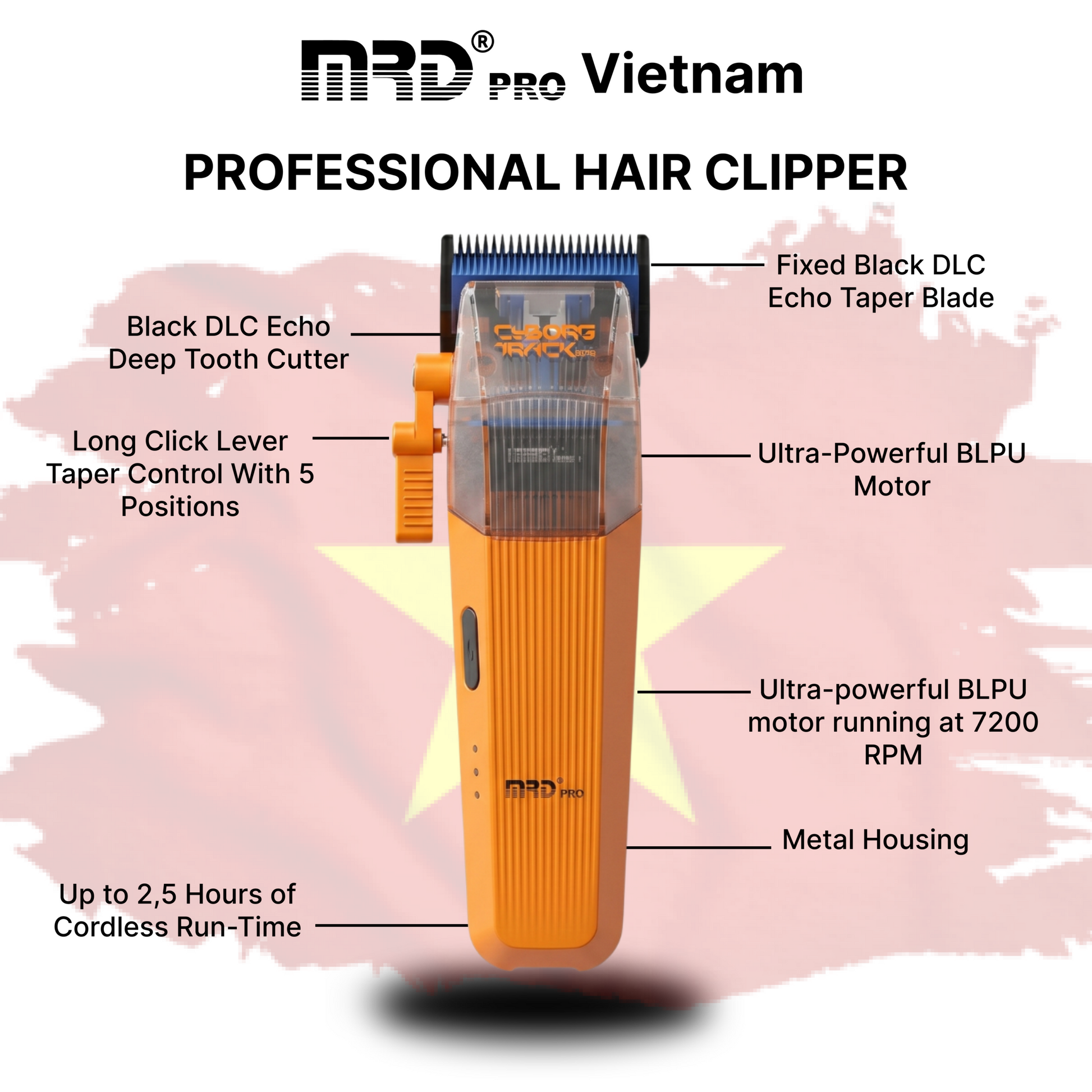 MRD Pro Cyborg 2026 Sladdlös Hårtrimmer, Full Metall, Orange