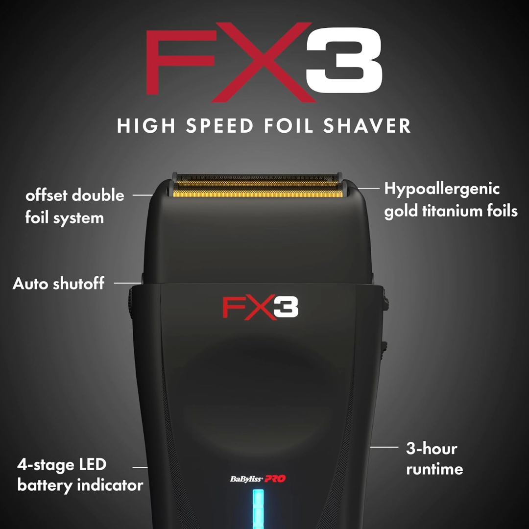 BaBylissPRO FX3 Black Cordless Foil Shaver - High-Torque Engine, 3-Hour Runtime
