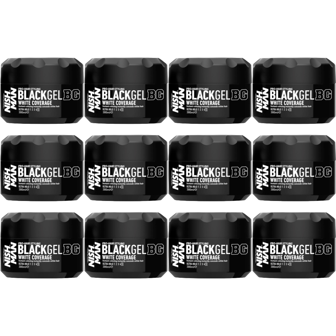 Nish Man Black Hair Gel 300ml: Instant Gray Coverage, Strong Hold 12-Pack