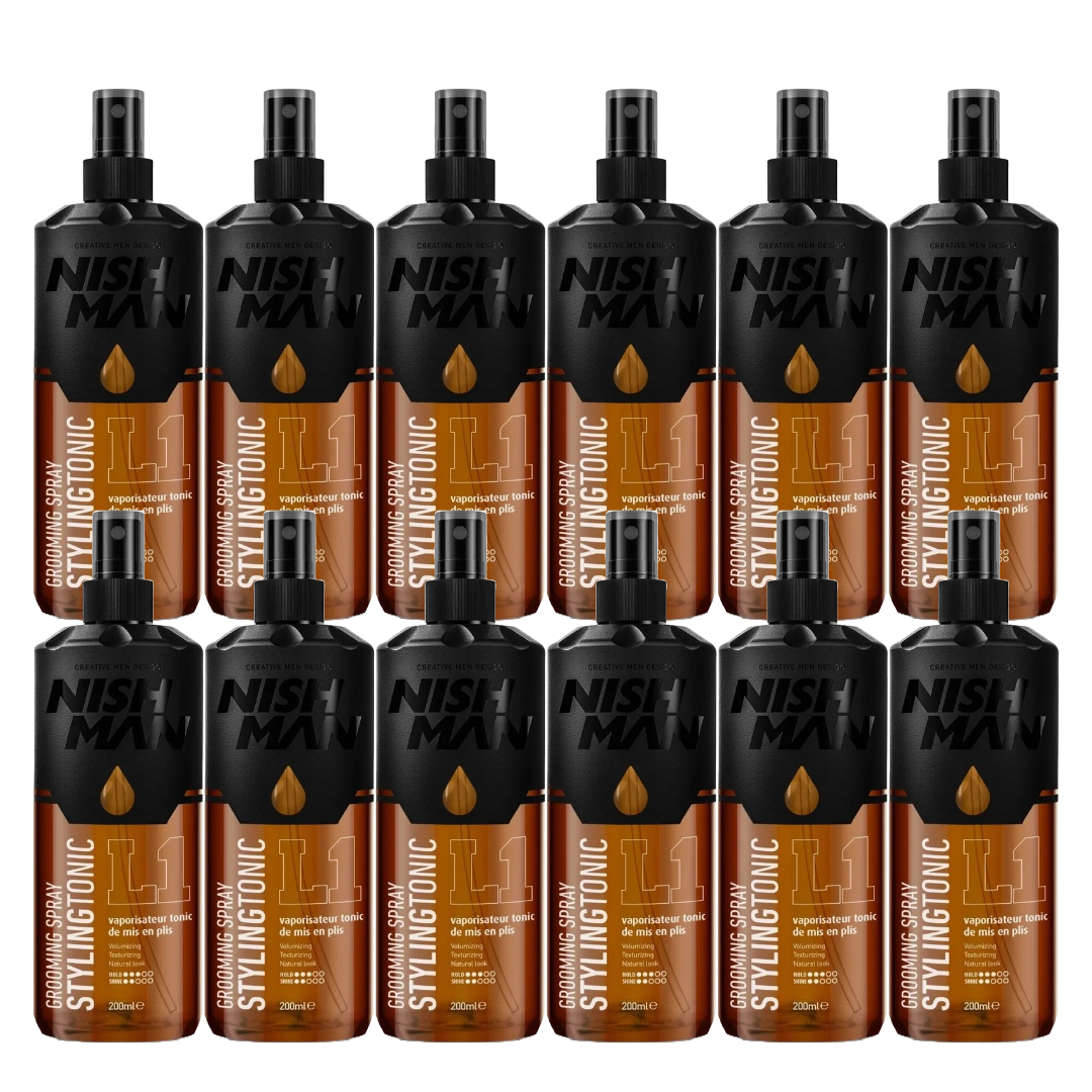 Nish Man Professional Grooming Styling Tonic Spray, 12-Pack, 200ml Bottles