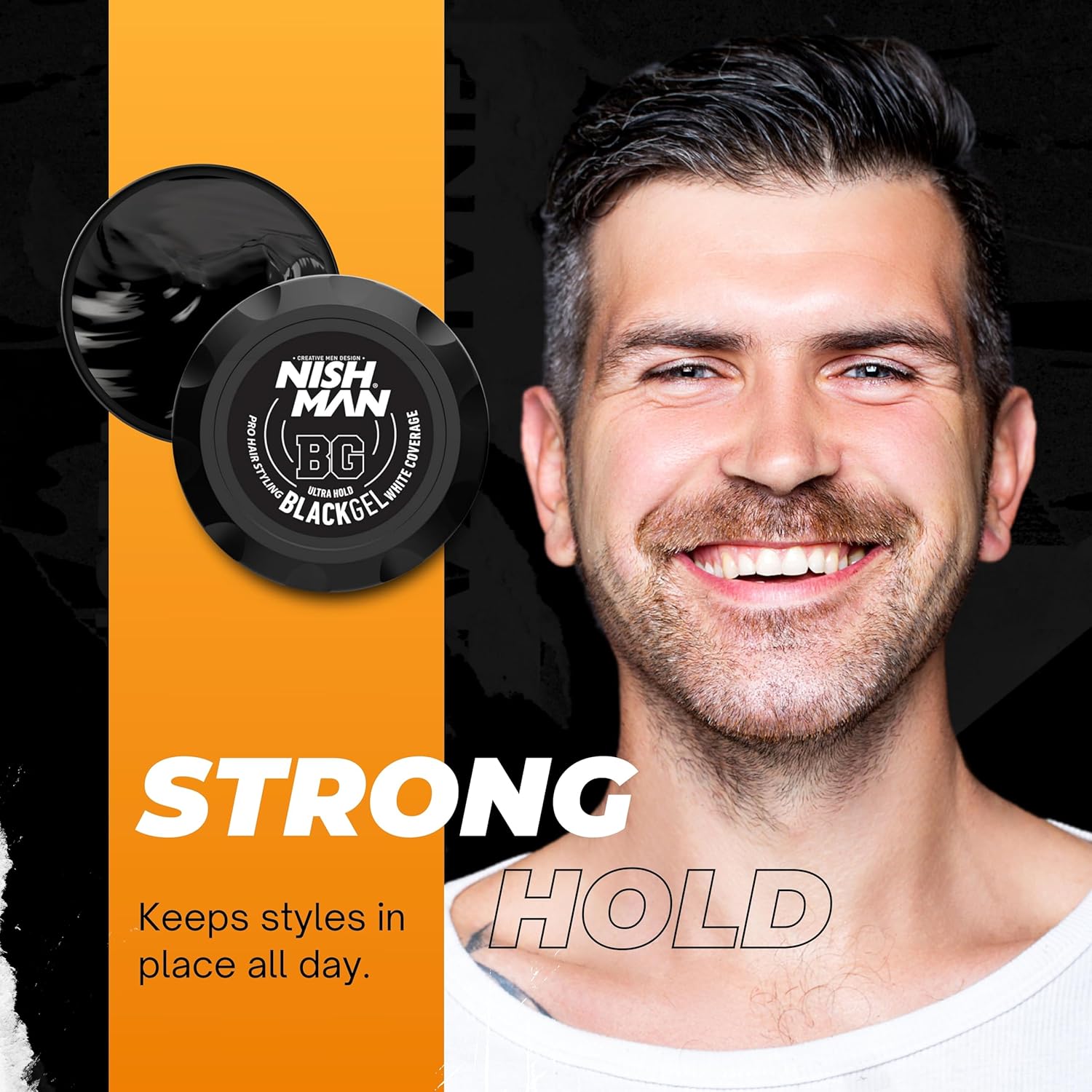 Nish Man Black Hair Gel 300ml: Instant Gray Coverage, Strong Hold 12-Pack