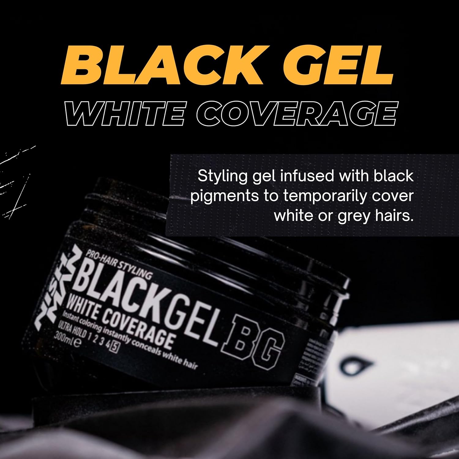 Nish Man Black Hair Gel 300ml: Instant Gray Coverage, Strong Hold 12-Pack