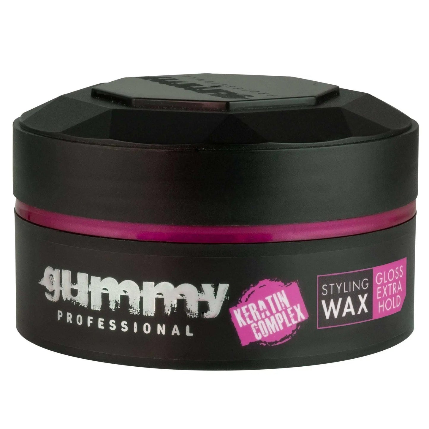 Gummy Styling Wax 150ml Gloss Extra Hold in black container with magenta accents.