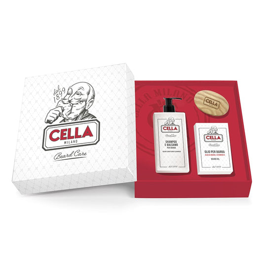 Cella Milano beard care set consisting of beard shampoo, beard care oil and wooden brush